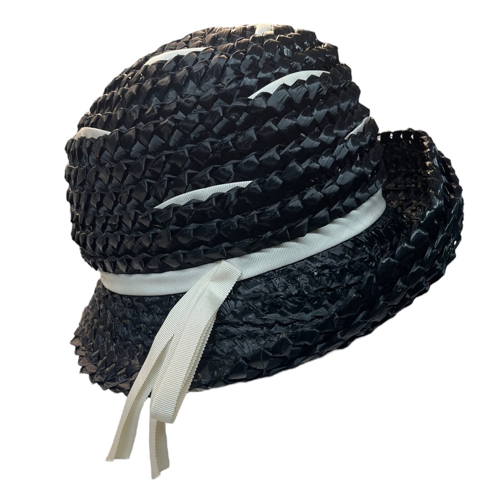 ANITA PINEAULT Vintage Black and White Cellophane Straw Hat High Crown Sz 6.5